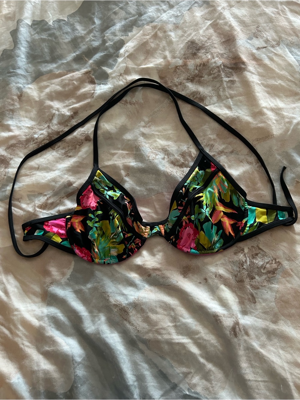 Black Tropical Floral Bikini Top